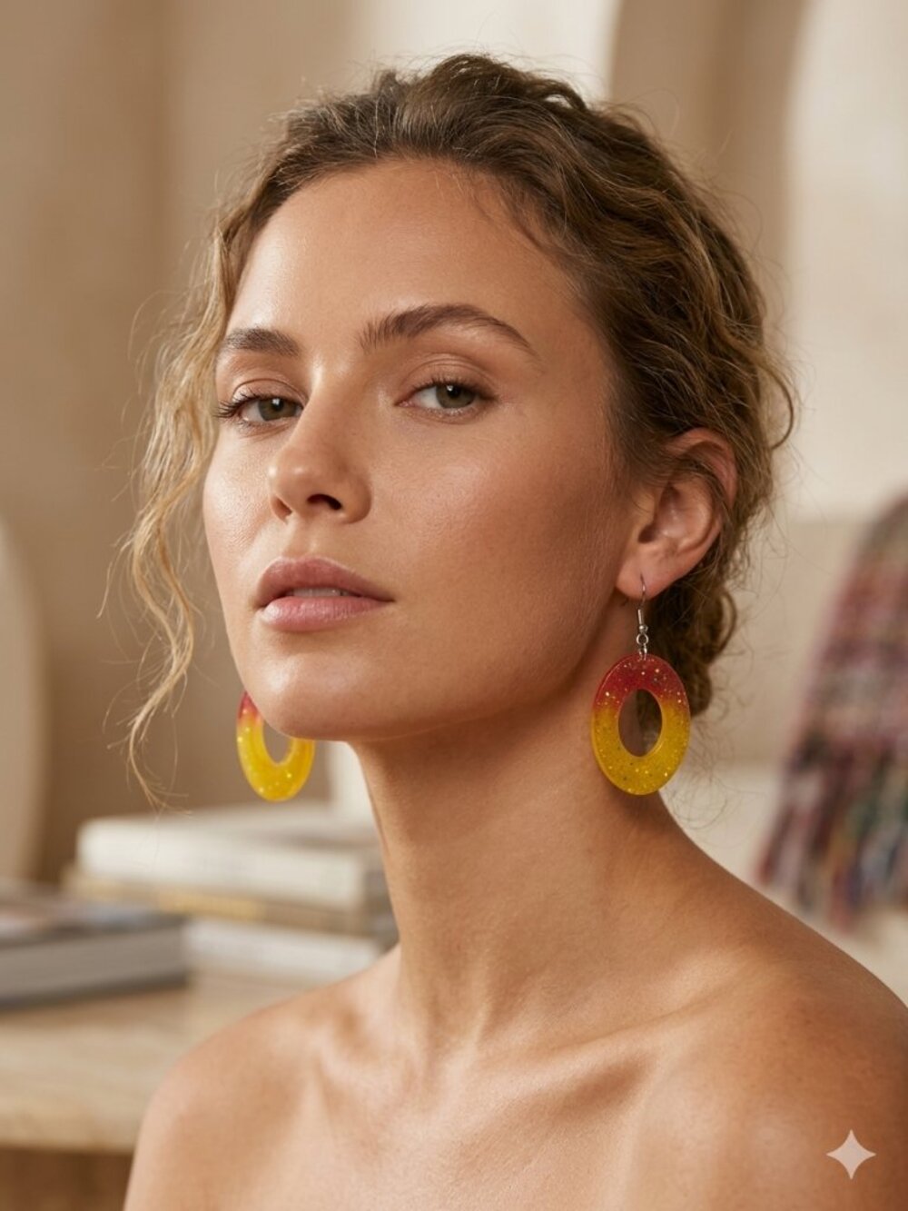 Handmade Ombre Sunset Oval Resin Earrings | Sparkly Red to Yellow Gradient